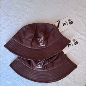 Two NWT Playboy Bunny Basics Brown Lined Bucket Hats Embroidered Logos